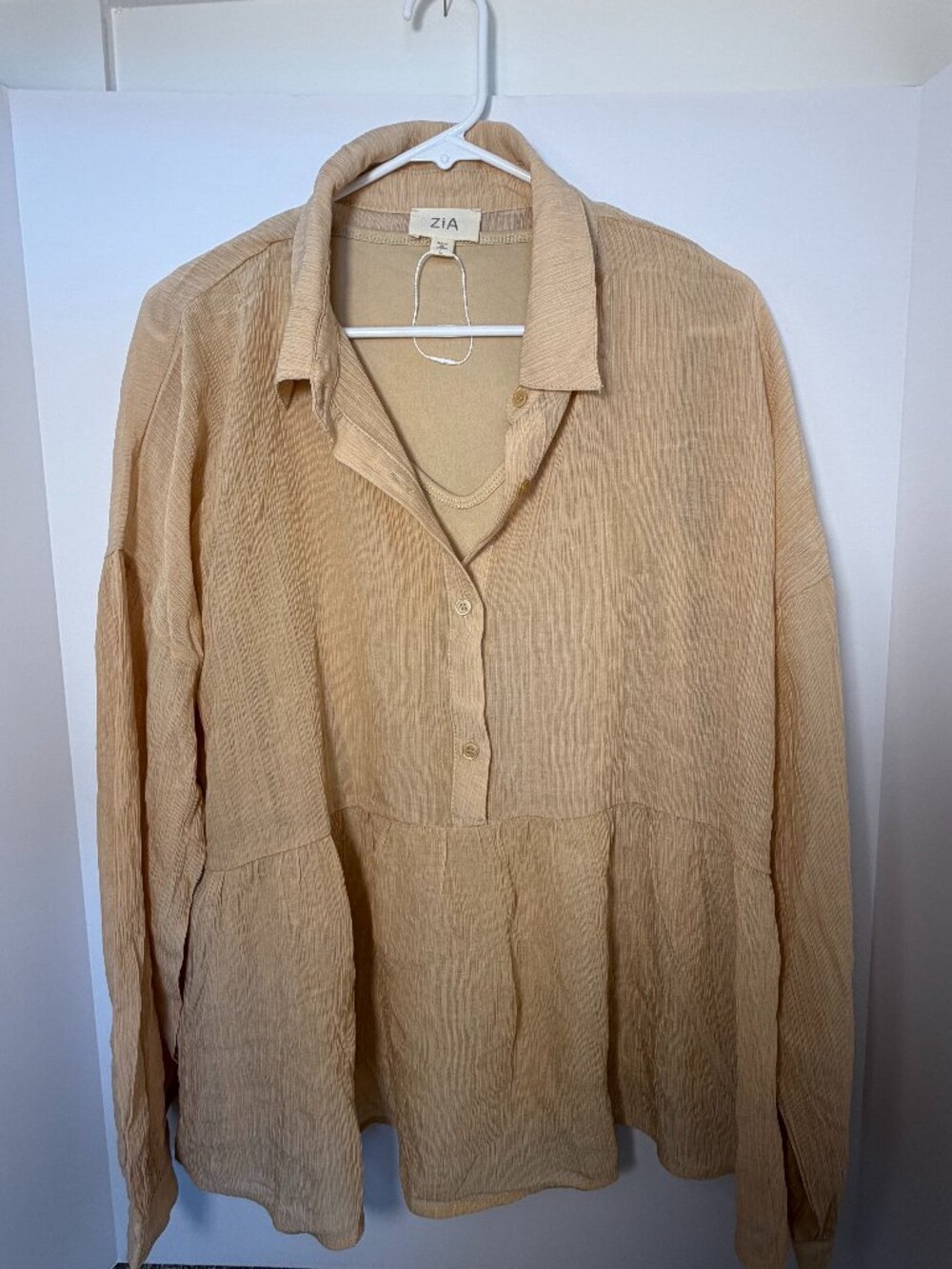 ZiA Tan Textured Long Sleeve Button Down Peplum Top Shirt Size Large